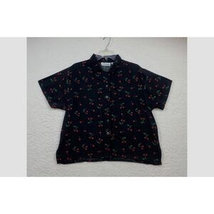 VTG Y2K Cherry Print Blouse Women PL Black  Button Down Rayon ~ Allyson Whitmore